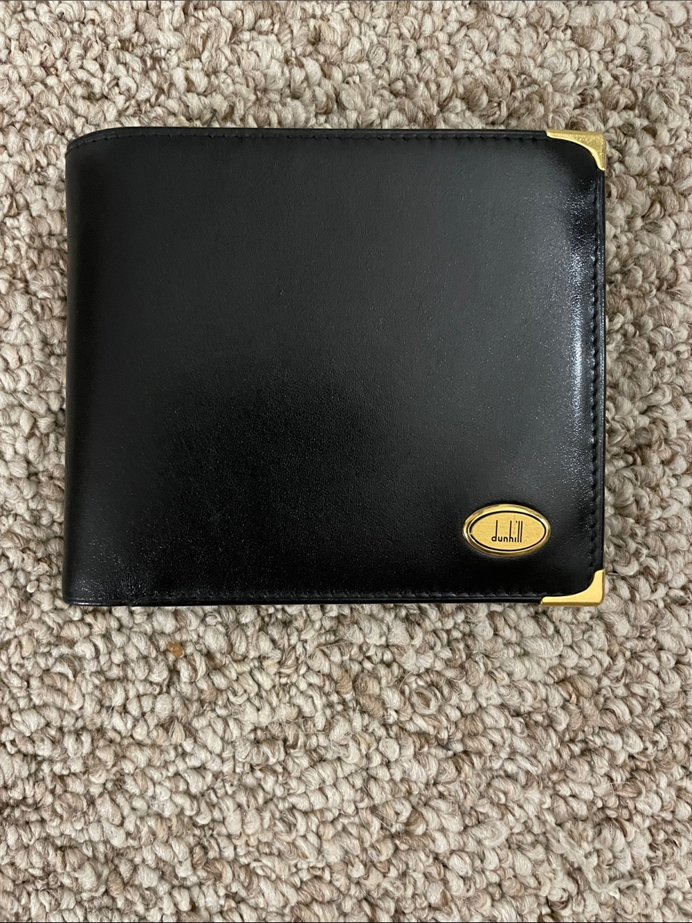 Dunhill Black Leather Wallet with Gold Corner Accents